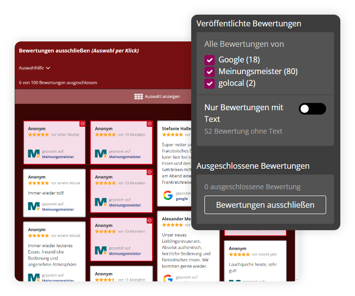 Widget-Konfigurator: Bewertungen veröffentlichen und ausschließen